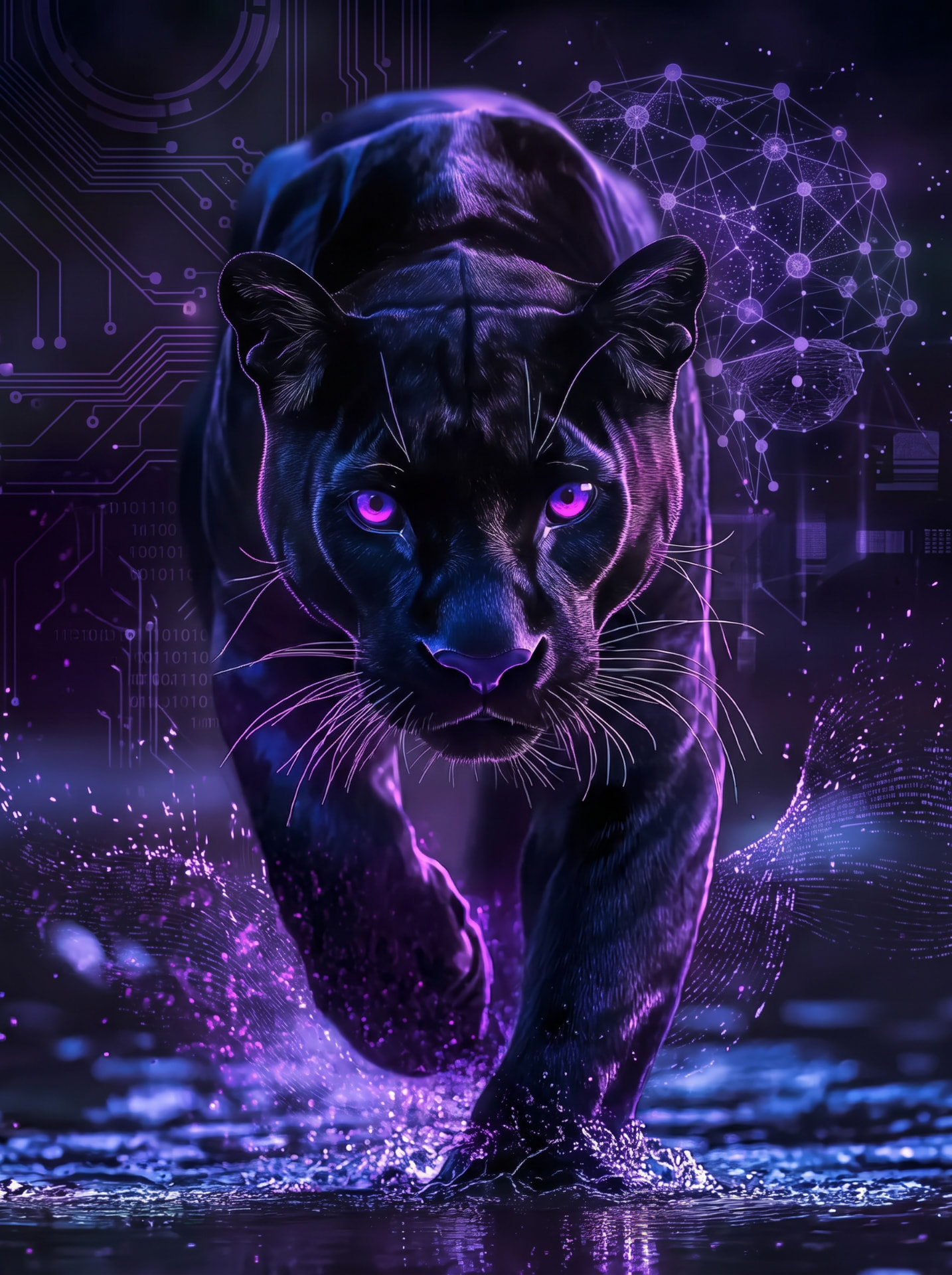 A black panther with luminous violet eyes moving through a world of neural networks